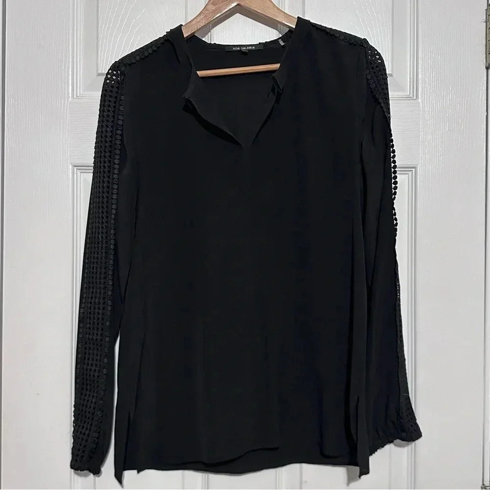 Kobi Halperin Black Silk Long Sleeve Blouse Crochet Womens XS - Picture 2 of 6